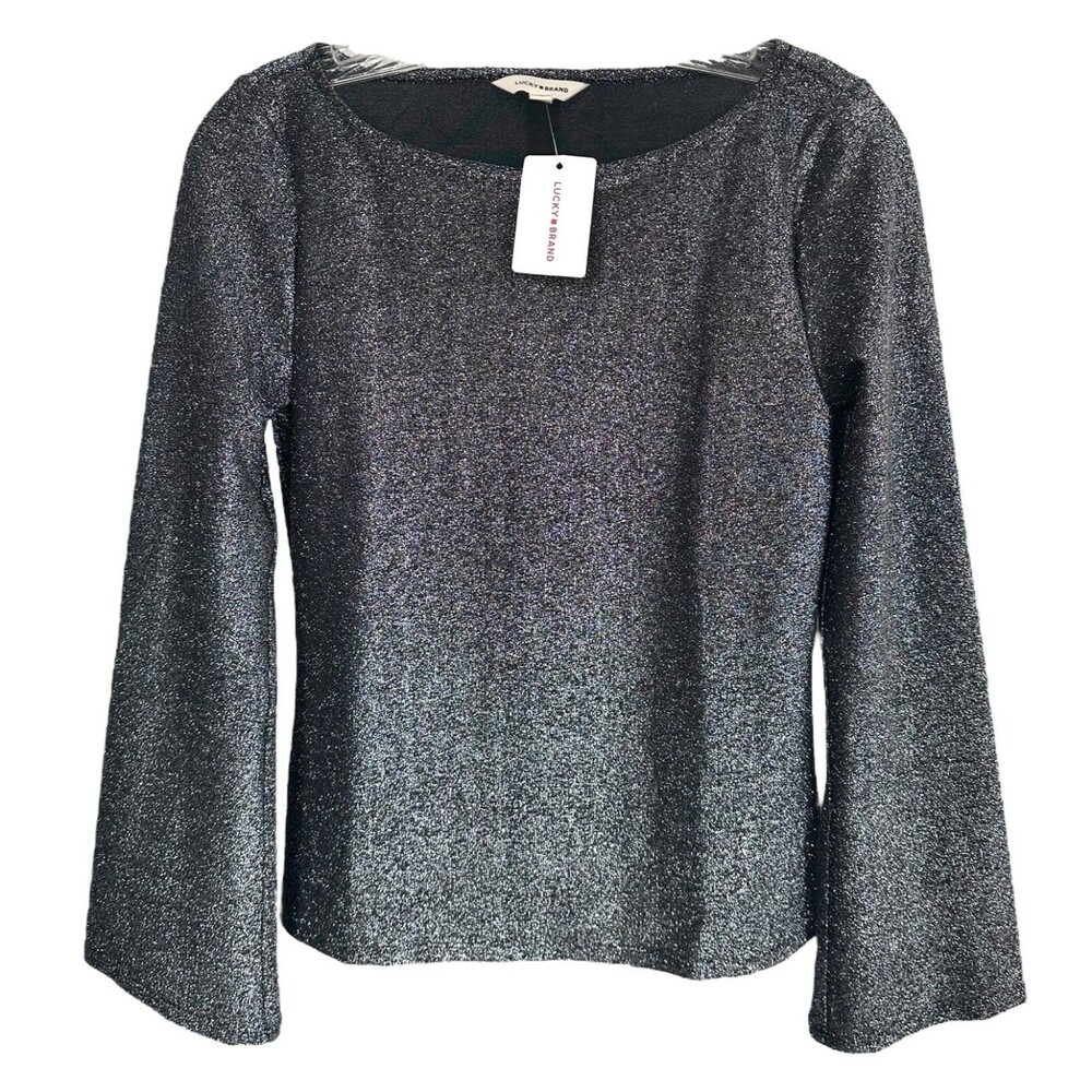 Lucky Brand Women's Metallic Shimmer Blouse Top Long Sleeve Size XS Black Silver
